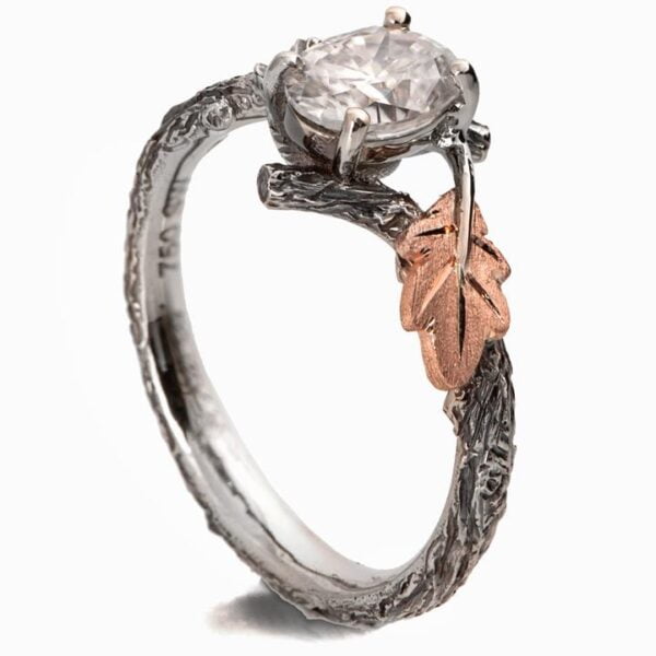 Platinum and Rose Gold Twig and Oak Leaf Engagement Ring Set With Oval Diamond Catalogue