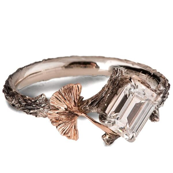 Twig and Ginkgo Leaf Engagement Ring Rose Gold and Moissanite Catalogue