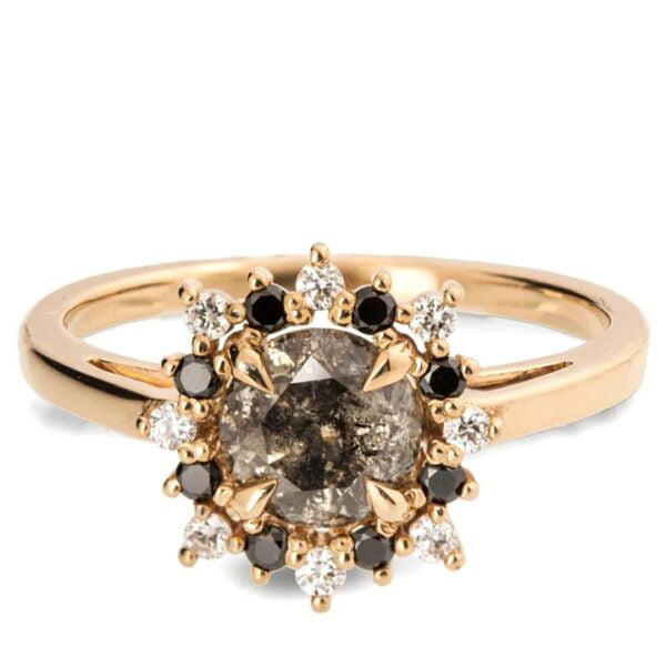 Yellow Gold Alternating Black and White Diamond Halo Salt and Pepper Diamond Engagement Ring Catalogue