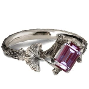 Twig and Ginkgo Leaf Engagement Ring White Gold and Alexandrite Catalogue