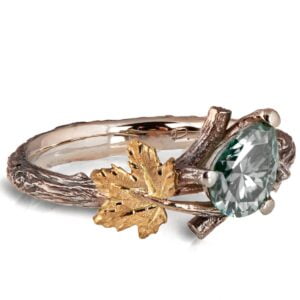 Twig and Maple Leaf Engagement Ring Yellow Gold and Gray Moissanite Catalogue