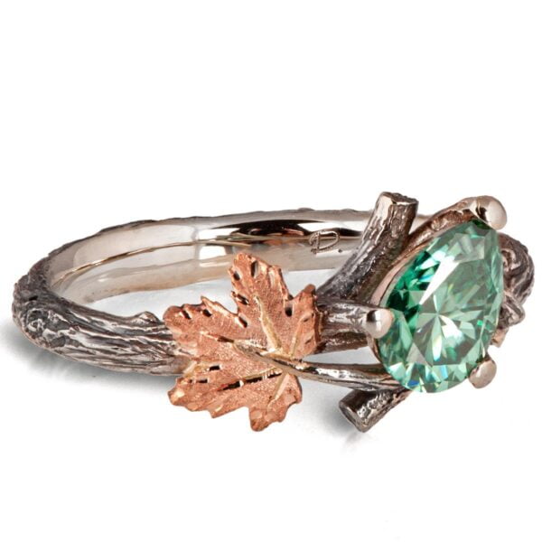 Twig and Maple Leaf Engagement Ring Platinum and Green Moissanite Catalogue