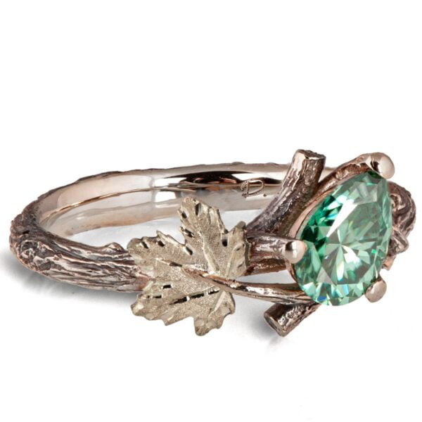 Twig and Maple Leaf Engagement Ring White Gold and Green Moissanite Catalogue