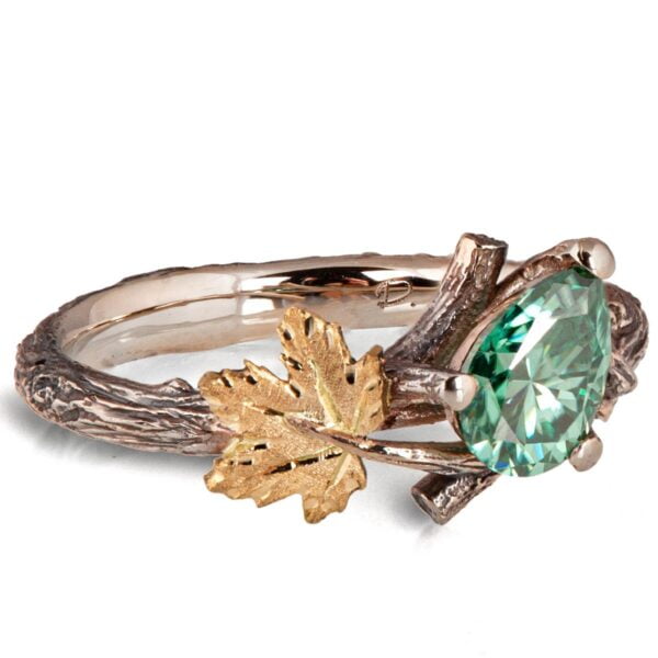Twig and Maple Leaf Engagement Ring Yellow Gold and Green Moissanite Catalogue