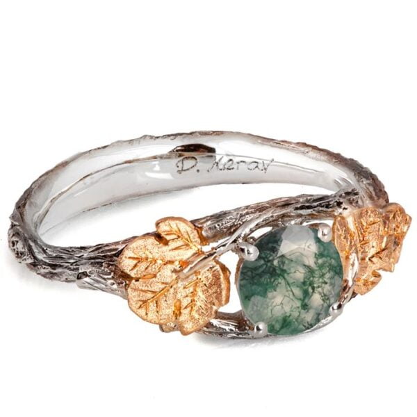 Moss Agate Twig Fig and Leaves Engagement Ring Platinum Catalogue