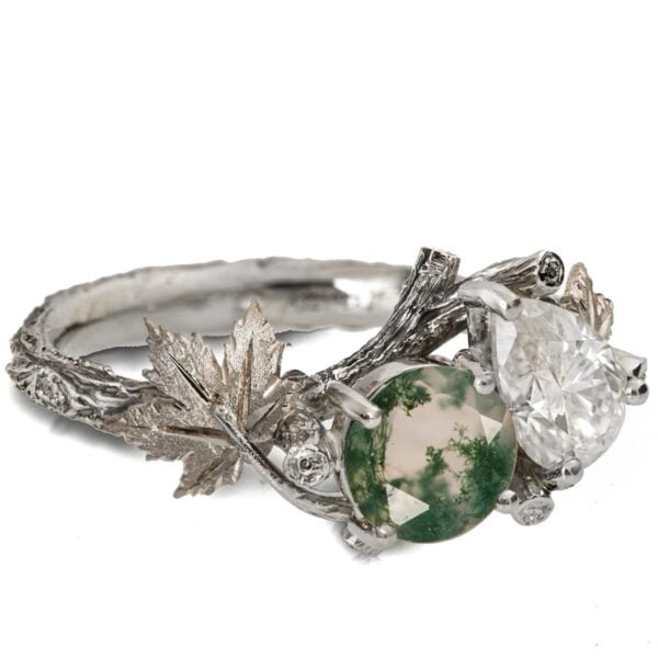 Moi et Toi White Gold Leaves Engagement Ring, Green Moss-Agate and Pear Diamond Catalogue