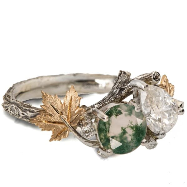 Moi et Toi Yellow Gold Leaves Engagement Ring, Green Moss-Agate and Pear Moissanite Catalogue