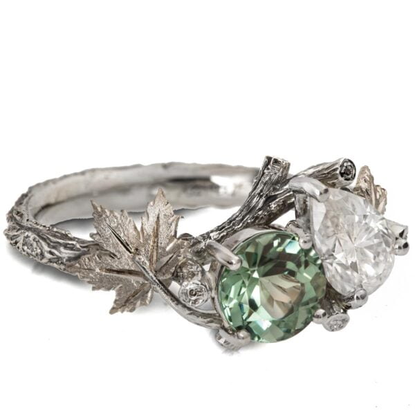Moi et Toi White Gold Leaves Engagement Ring, Mint Tourmaline and Pear Moissanite Catalogue