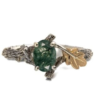 Oak Leaf Green Moss Agate Engagement Ring Yellow Gold Catalogue