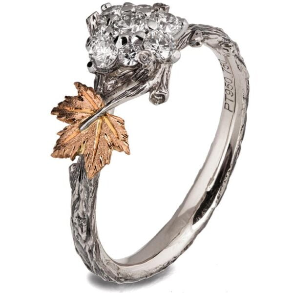 Twig and Maple Leaf Diamond Cluster Engagement Ring Platinum and Rose Gold Catalogue