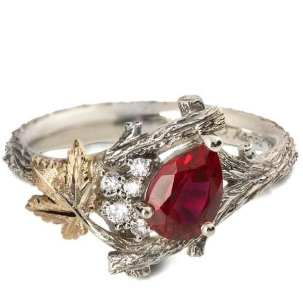 Maple Leaf Ruby and Diamonds Cluster Engagement Ring Yellow Gold Catalogue