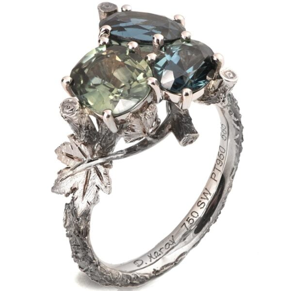 Maple Leaf Teal Sapphires Cluster Engagement Ring White Gold Catalogue