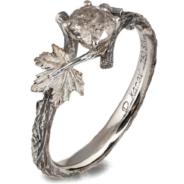 Twig and Maple Leaf Engagement Ring White Gold and Rustic Salt & Pepper Diamond Catalogue