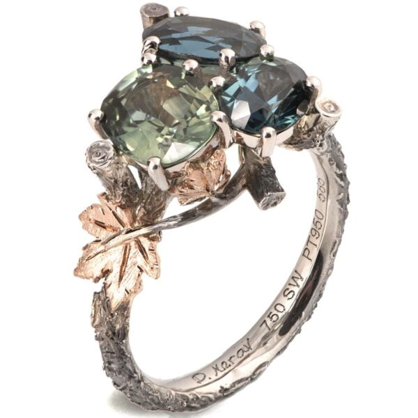 Maple Leaf Teal Sapphires Cluster Engagement Ring Rose Gold Catalogue