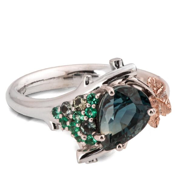Vine Leaf Teal Sapphire and Emeralds Cluster Engagement Ring Rose Gold Catalogue