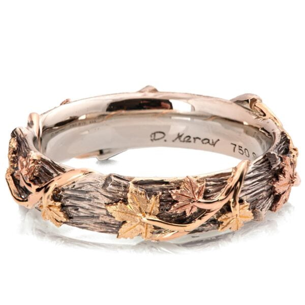 Twig and Maple Leaves Wedding Band in White, Yellow and Rose Gold Catalogue