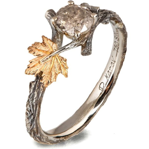 Twig and Maple Leaf Engagement Ring Yellow Gold and Rustic Salt & Pepper Diamond Catalogue