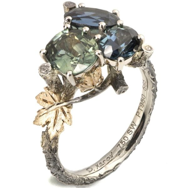 Maple Leaf Teal Sapphires Cluster Engagement Ring Yellow Gold Catalogue