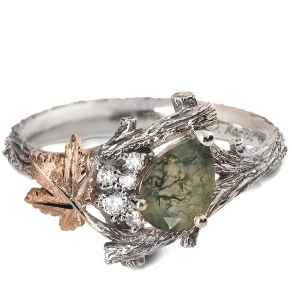 Maple Leaf Moss Agate and Diamonds Cluster Engagement Ring Platinum and Rose Gold Catalogue