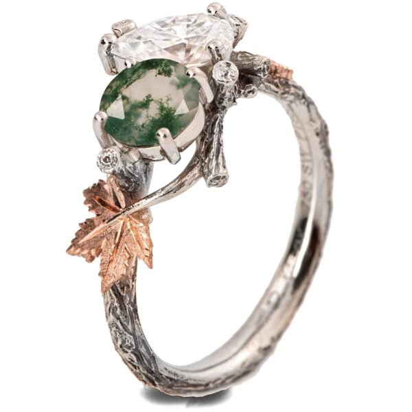 Moi et Toi Platinum Maple Leaves Engagement Ring, Green Moss-Agate and Pear Moissanite Catalogue