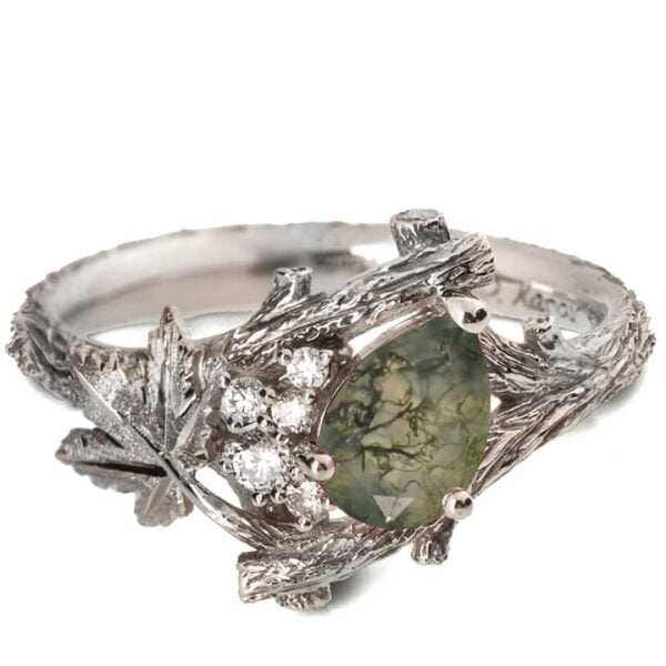 Maple Leaf Moss Agate and Diamonds Cluster Engagement Ring White Gold Catalogue