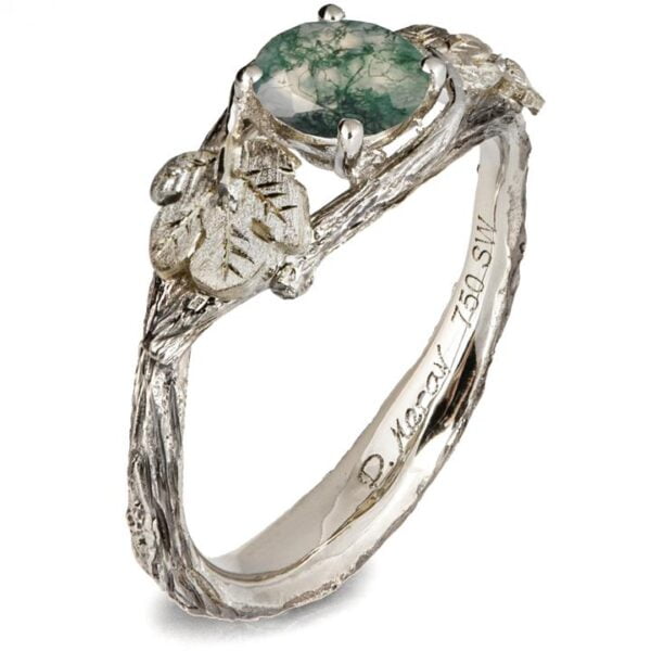 Moss Agate Twig and Fig Leaves Engagement Ring White Gold Catalogue