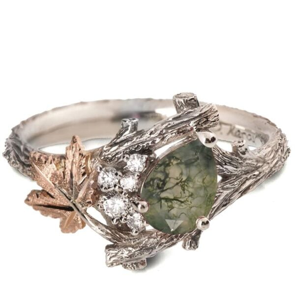 Maple Leaf Moss Agate and Diamonds Cluster Engagement Ring Rose Gold Catalogue