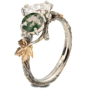 Moi et Toi Yellow Gold Leaves Engagement Ring, Green Moss-Agate and Pear Diamond Catalogue