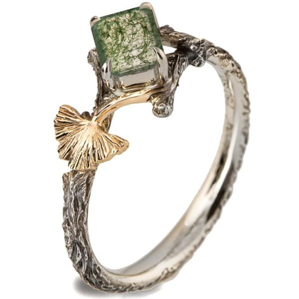Twig and Ginkgo Leaf Engagement Ring Yellow Gold and Moss Agate Catalogue