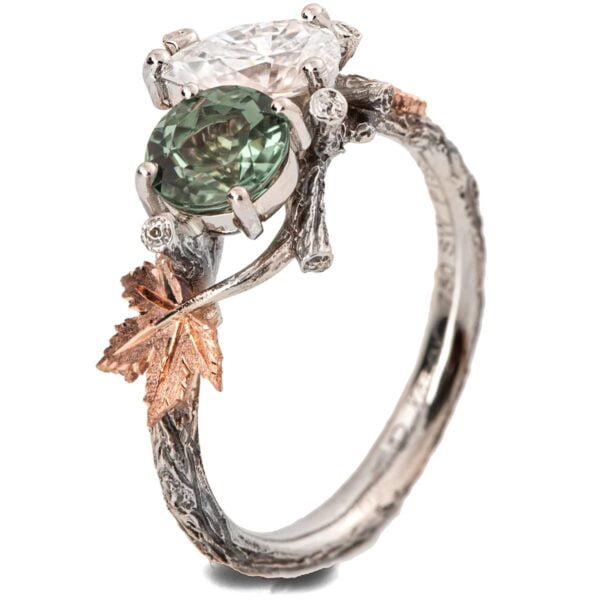 Moi et Toi Platinum Maple Leaves Engagement Ring, Mint Tourmaline and Pear Moissanite Catalogue