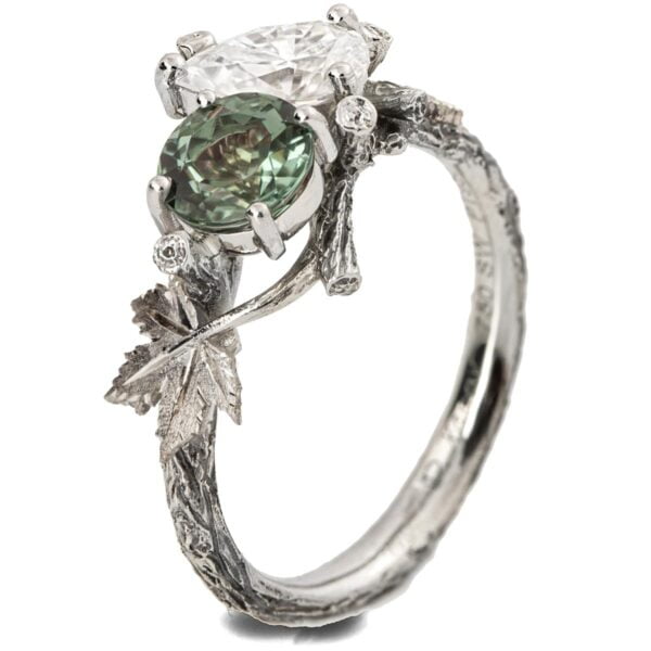 Moi et Toi White Gold Leaves Engagement Ring, Mint Tourmaline and Pear Diamond Catalogue