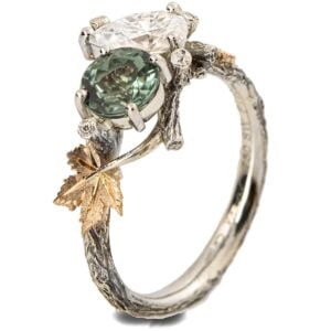 Moi et Toi Yellow Gold Leaves Engagement Ring, Mint Tourmaline and Pear Diamond Catalogue