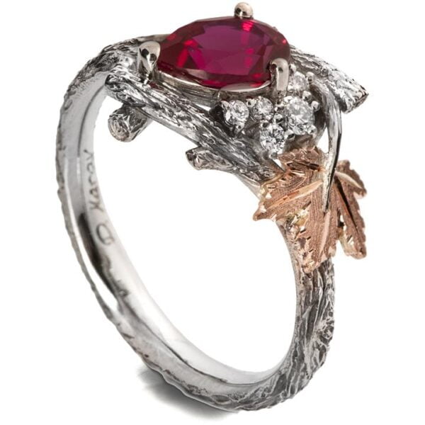 Maple Leaf Ruby and Diamonds Cluster Engagement Ring Platinum and Rose Gold Catalogue