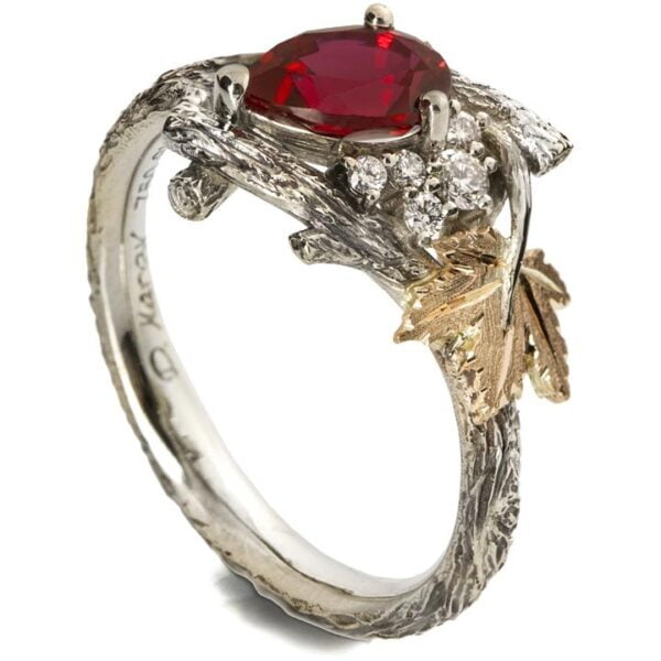 Maple Leaf Ruby and Diamonds Cluster Engagement Ring Yellow Gold Catalogue
