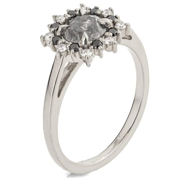 White Gold Alternating Black and White Diamond Halo Salt and Pepper Diamond Engagement Ring Catalogue