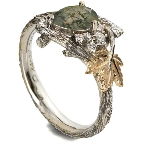 Maple Leaf Moss Agate and Diamonds Cluster Engagement Ring Yellow Gold Catalogue