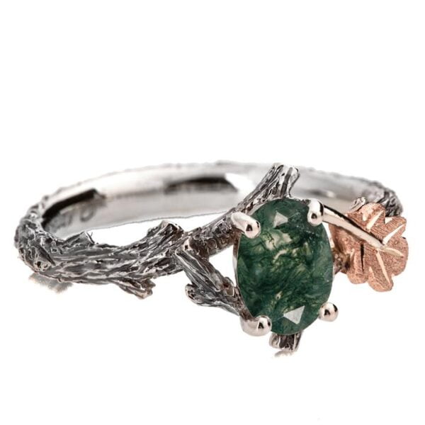 Oak Leaf Green Moss Agate Engagement Ring Platinum and Rose Gold Catalogue