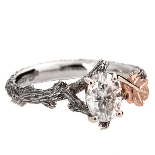 Platinum and Rose Gold Twig and Oak Leaf Engagement Ring Set With Oval Diamond Catalogue