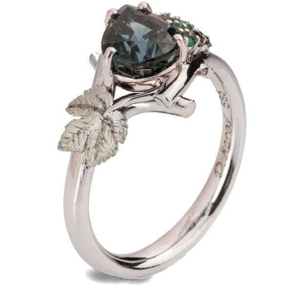 Vine Leaf Teal Sapphire and Emeralds Cluster Engagement Ring White Gold Catalogue