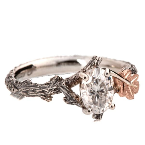 Twig and Oak Leaf Engagement Ring Rose Gold and Oval Moissanite Catalogue