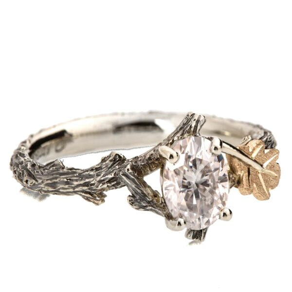 Twig and Oak Leaf Engagement Ring Yellow Gold and Oval Moissanite Catalogue