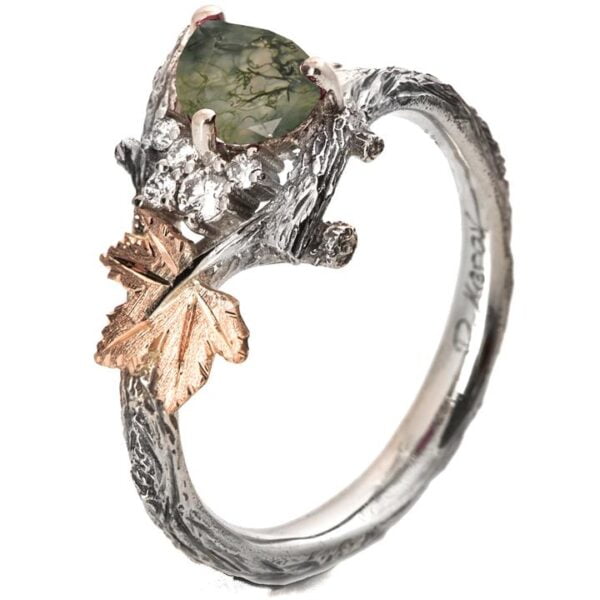 Maple Leaf Moss Agate and Diamonds Cluster Engagement Ring Platinum and Rose Gold Catalogue