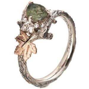 Maple Leaf Moss Agate and Diamonds Cluster Engagement Ring Rose Gold Catalogue