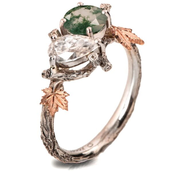 Moi et Toi Rose Gold Leaves Engagement Ring, Green Moss-Agate and Pear Diamond Catalogue