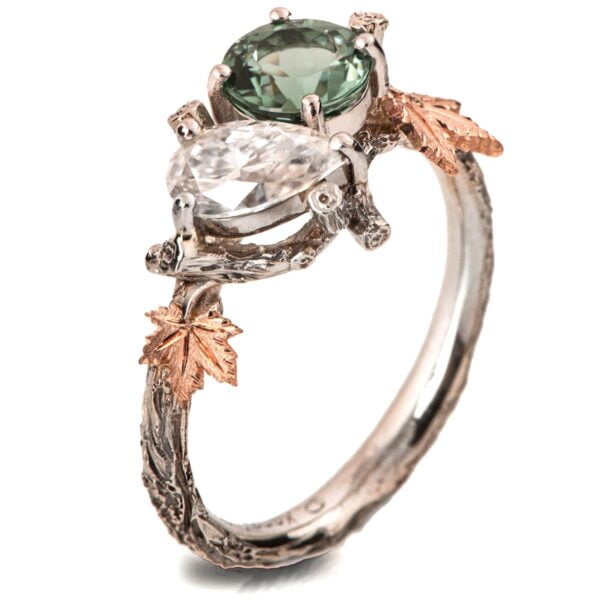 Moi et Toi Rose Gold Leaves Engagement Ring, Mint Tourmaline and Pear Moissanite Catalogue