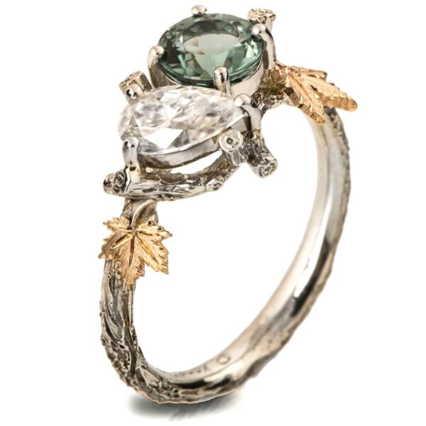 Moi et Toi Yellow Gold Leaves Engagement Ring, Mint Tourmaline and Pear Moissanite Catalogue