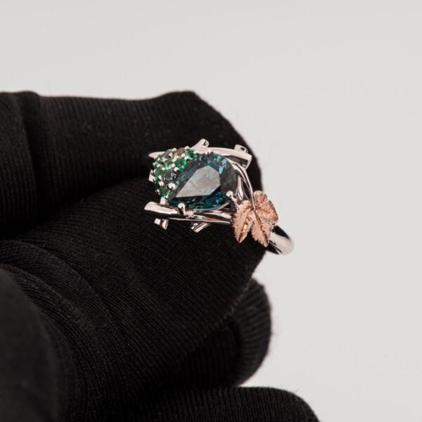 Vine Leaf Teal Sapphire and Emeralds Cluster Engagement Ring Platinum and Rose Gold Catalogue