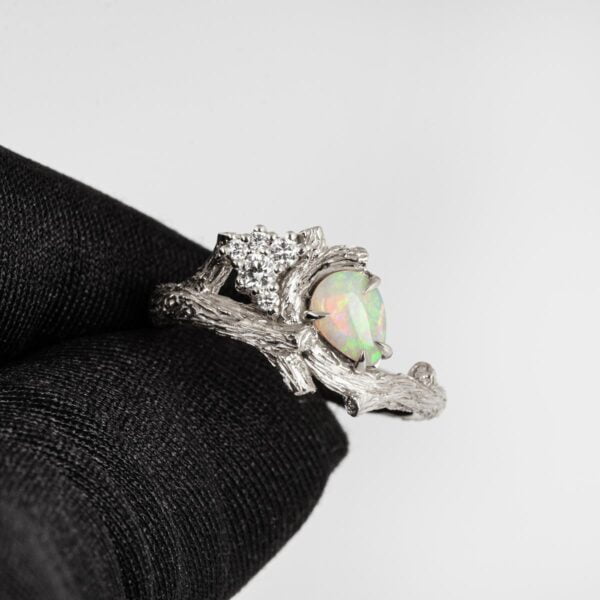 White Gold Opal and Diamonds Cluster Twig Ring Catalogue