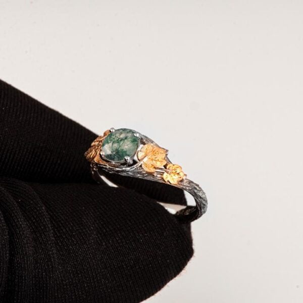 Moss Agate Twig Fig and Leaves Engagement Ring Platinum Catalogue