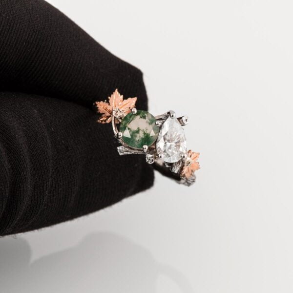 Moi et Toi Platinum Maple Leaves Engagement Ring, Green Moss-Agate and Pear Diamond Catalogue
